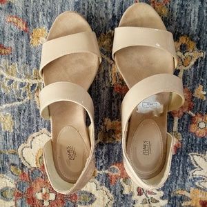 Patten leather wedges